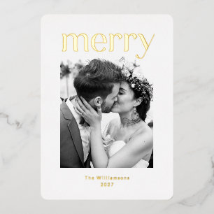 Minimalistische Kerst Huwelijksfoto Wit Goud Folie Feestdagenkaart