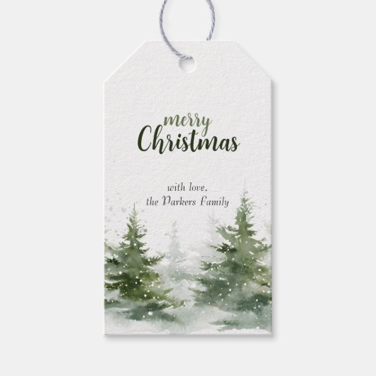 Minimalistische kerst Waterverf Evergreen Snow Cadeaulabel (Voorkant)