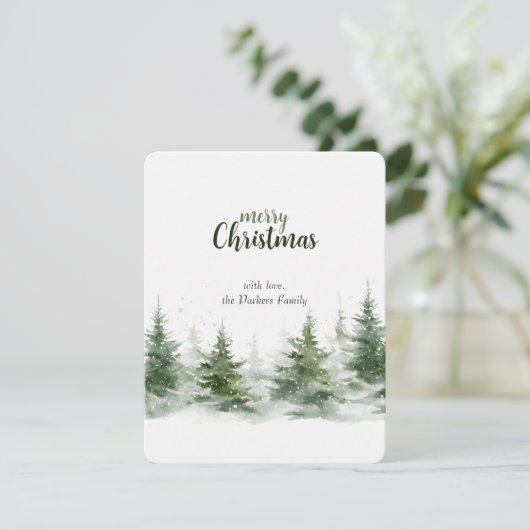 Minimalistische kerst Waterverf Evergreen Snow Feestdagenkaart (Staand voorkant)