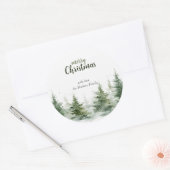 Minimalistische kerst Waterverf Evergreen Snow Ronde Sticker (Envelop)