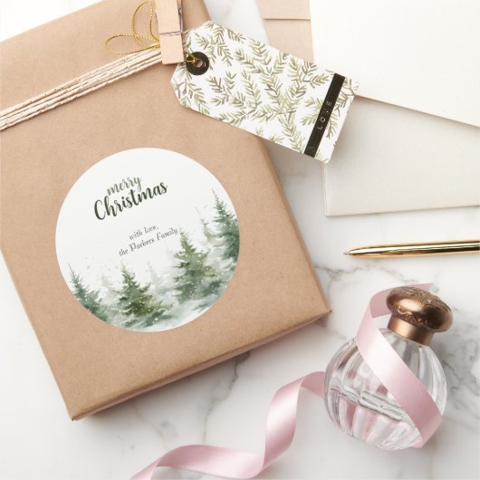 Minimalistische kerst Waterverf Evergreen Snow Ronde Sticker (Geschenken)