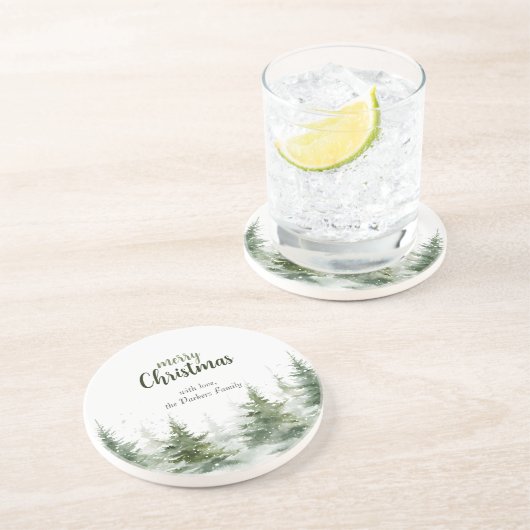 Minimalistische kerst Waterverf Evergreen Snow Zandsteen Onderzetter (Zijkant)