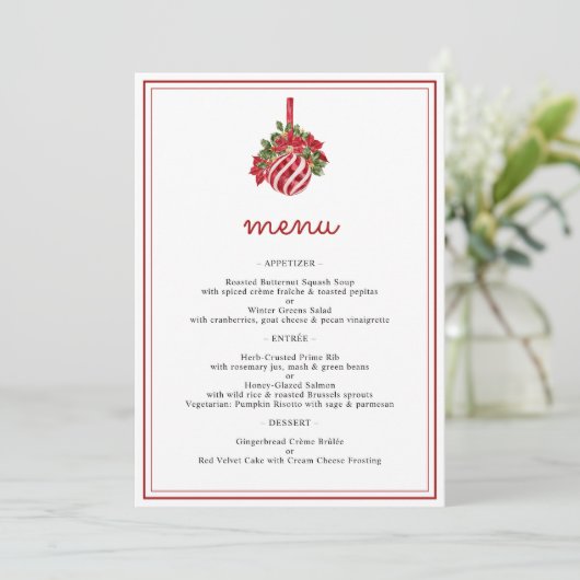 Minimalistische Kerstbal & Script Kerst Dinnerfees Menu (Staand voorkant)