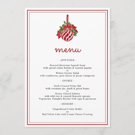 Minimalistische Kerstbal & Script Kerst Dinnerfees Menu (Voorkant)