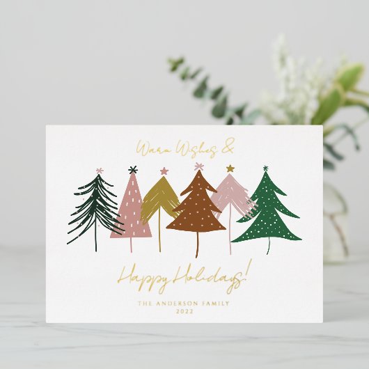 Minimalistische Kerstbomen met een Festieve Uitstr Folie Feestdagenkaart (Staand Voorkant)