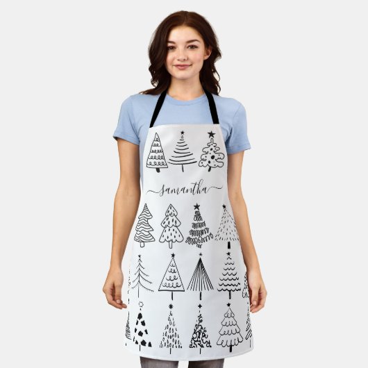 Minimalistische kerstbomen met naam schort (Gedragen)