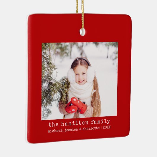 Minimalistische Kerstboom Familie Foto & Naam Keramisch Ornament (Rechts)
