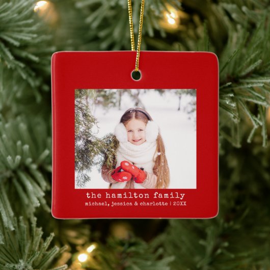 Minimalistische Kerstboom Familie Foto & Naam Keramisch Ornament (Boom)