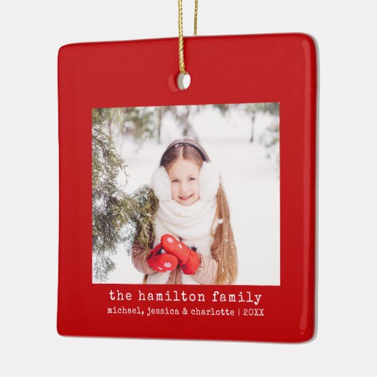 Minimalistische Kerstboom Familie Foto & Naam Keramisch Ornament (Links)