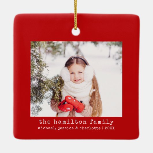Minimalistische Kerstboom Familie Foto & Naam Keramisch Ornament (Achterkant)