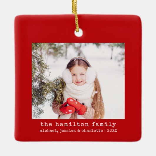 Minimalistische Kerstboom Familie Foto & Naam Keramisch Ornament (Voorkant)