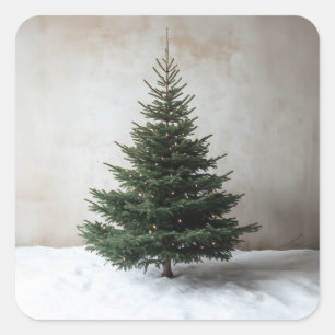 Minimalistische kerstboom met zachte lichten op sn vierkante sticker