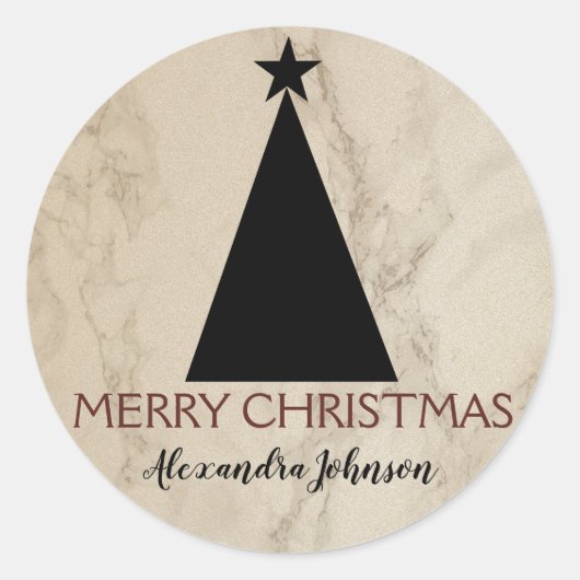 Minimalistische kerstboom zwart en wit marmer ronde sticker (Voorkant)