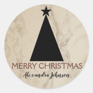 Minimalistische Kerstboom Zwart en Wit Marmer Ronde Sticker