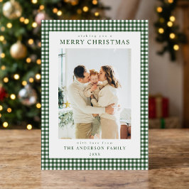 Minimalistische kerstfoto met groen geruit bosmoti feestdagenkaart