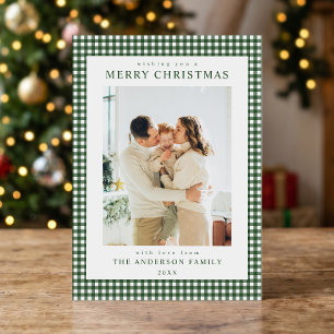Minimalistische kerstfoto met groen geruit bosmoti feestdagenkaart