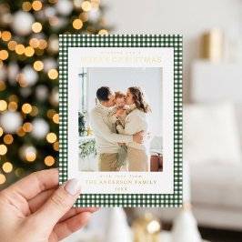 Minimalistische kerstfoto met groen geruit gingham folie feestdagenkaart