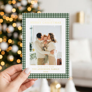 Minimalistische kerstfoto met groen geruit gingham folie feestdagenkaart