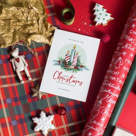 Minimalistische kerstkaarsen bloemenboeket kaart