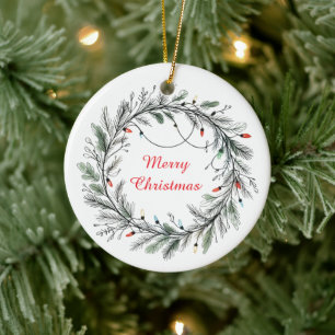 Minimalistische kerstkrans en -verlichting keramisch ornament