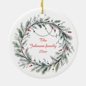 Minimalistische kerstkrans en -verlichting keramisch ornament (Achterkant)