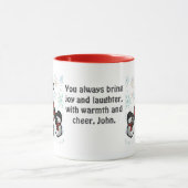 Minimalistische kerstman en pinguïns in een besnee mok (Midden)