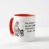 Minimalistische kerstman en pinguïns in een besnee mok (Voorkant links)