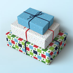 Minimalistische kerstpatronen, rood, groen en blau inpakpapier vel