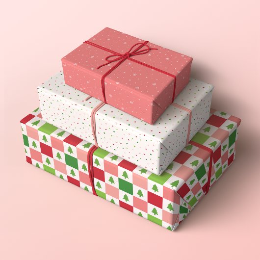 Minimalistische kerstpatronen, rood, roze en groen inpakpapier vel