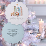 Minimalistische kerststal blij tienden kerst ornament kaart<br><div class="desc">Minimalistische kerststal blij met de kerstdagen. Een handig all-in-one ornament en kaart, met een charmante moderne kerststal Maria, Jozef, baby Jesus en Shepherd and Sheep, met een lijn van een favoriete Carol, Glad Tidings of Great Joy in een stijlvol modern script. Met uw feestelijke groet en namen op de rug,...</div>
