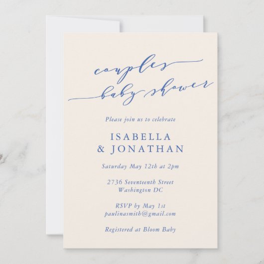 Minimalistische klassiek blauwe script koppels bab kaart (Voorkant)