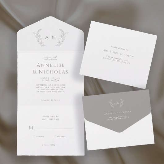 Minimalistische klassieke formele blad monogram br all in one uitnodiging