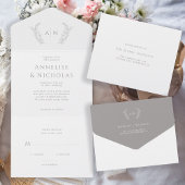 Minimalistische klassieke formele blad monogram br all in one uitnodiging