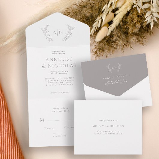 Minimalistische klassieke formele blad monogram br all in one uitnodiging