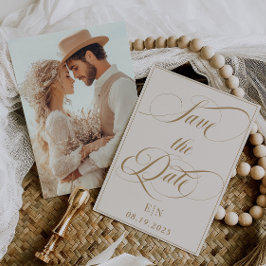Minimalistische Klassieke Ivoren Gouden Foto Save The Date