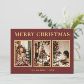 Minimalistische klassieke kerstrode drie foto feestdagenkaart (Staand voorkant)