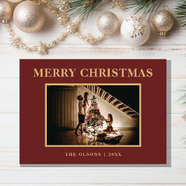 Minimalistische klassieke kerstrode foto en brief feestdagenkaart