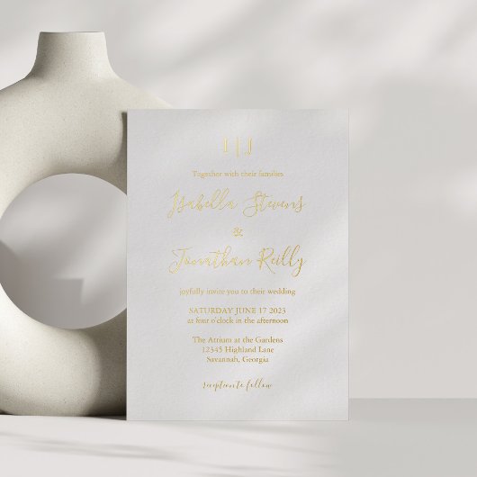 Minimalistische Klassieke Monogram Trouw Wit Goud Folie Uitnodiging