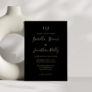 Minimalistische Klassieke Monogram Trouwkaart Zwar Folie Uitnodiging