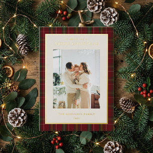 Minimalistische klassieke rode geruite kerstfoto folie feestdagenkaart