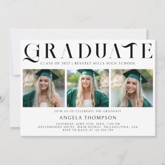 Minimalistische Klassieke Typografie 3 Foto Afstud Kaart (Voorkant)