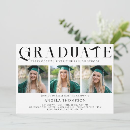 Minimalistische Klassieke Typografie 3 Foto Afstud Kaart (Staand voorkant)