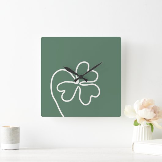 Minimalistische Klaverbladlijn Tekening Groen Vierkante Klok (Huis)