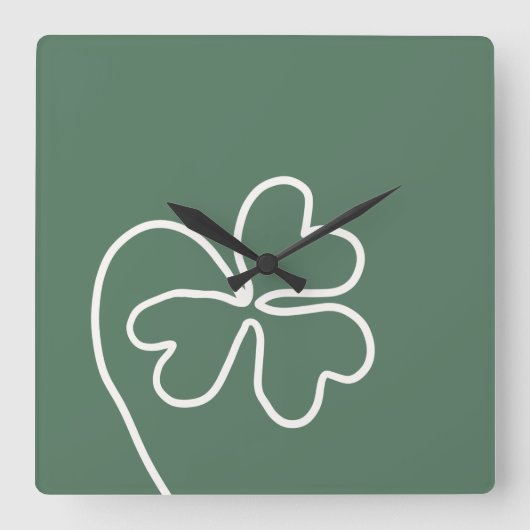 Minimalistische Klaverbladlijn Tekening Groen Vierkante Klok (Voorkant)