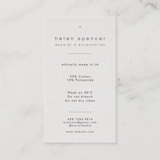 Minimalistische kledinglabel met linnen textuur visitekaartje (Achterkant)