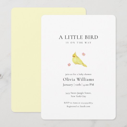 Minimalistische Kleine Bloem Vogel Baby Shower Kaart (Voorkant / Achterkant)