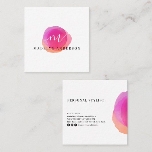 Minimalistische kleurrijke roze waterverf wit mono vierkante visitekaartje (Voorkant / Achterkant)