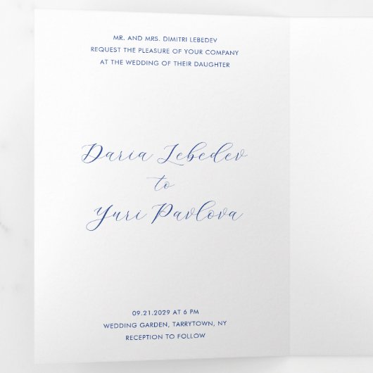 Minimalistische kobaltblauwe moderne bruiloft drieluik uitnodiging (Binnenzijde eerst)