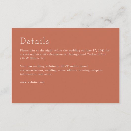 Minimalistische koper rode bruiloft informatiekaartje (Voorkant)