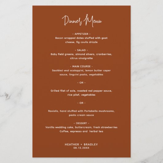 Minimalistische koperen moderne trouwmenu (Voorkant)